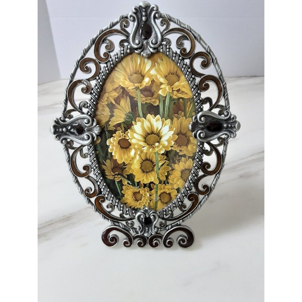 Art Noveau Ornate Pewter-Tone | Brown Enamel Yellow Floral Oval Picture Frame